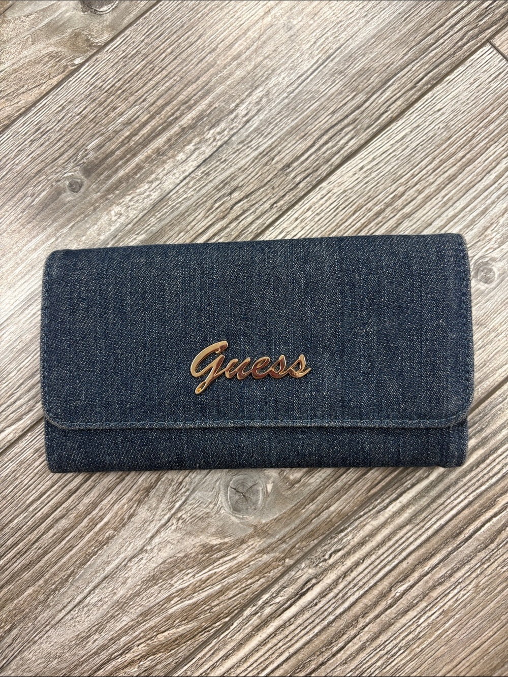 Guess Dark Blue Denim Fold-Over Wallet with Gold Logo